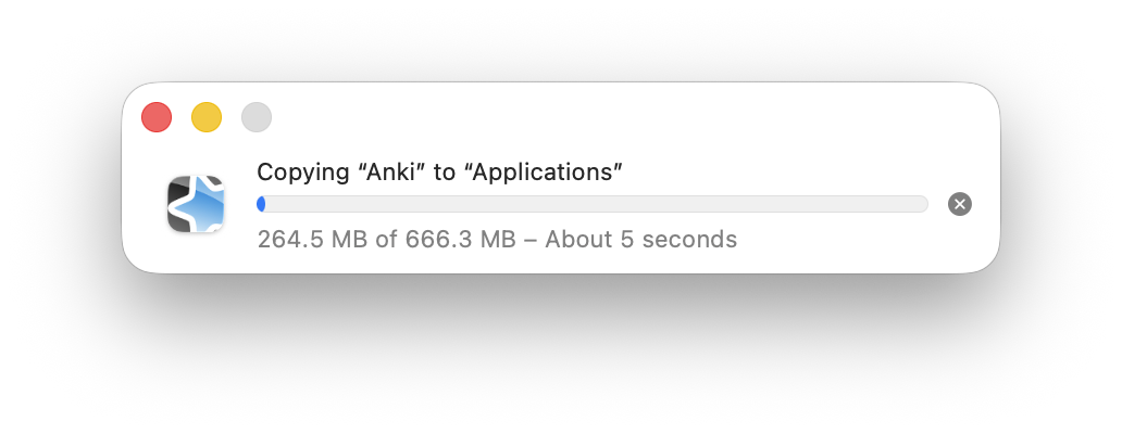 AnkiをApplicationsフォルダにコピー中の進捗バー