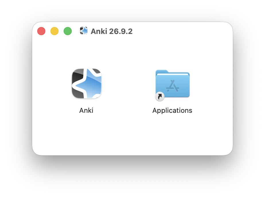 AnkiのdmgインストーラーでAnkiアイコンをApplicationsフォルダへドラッグする画面