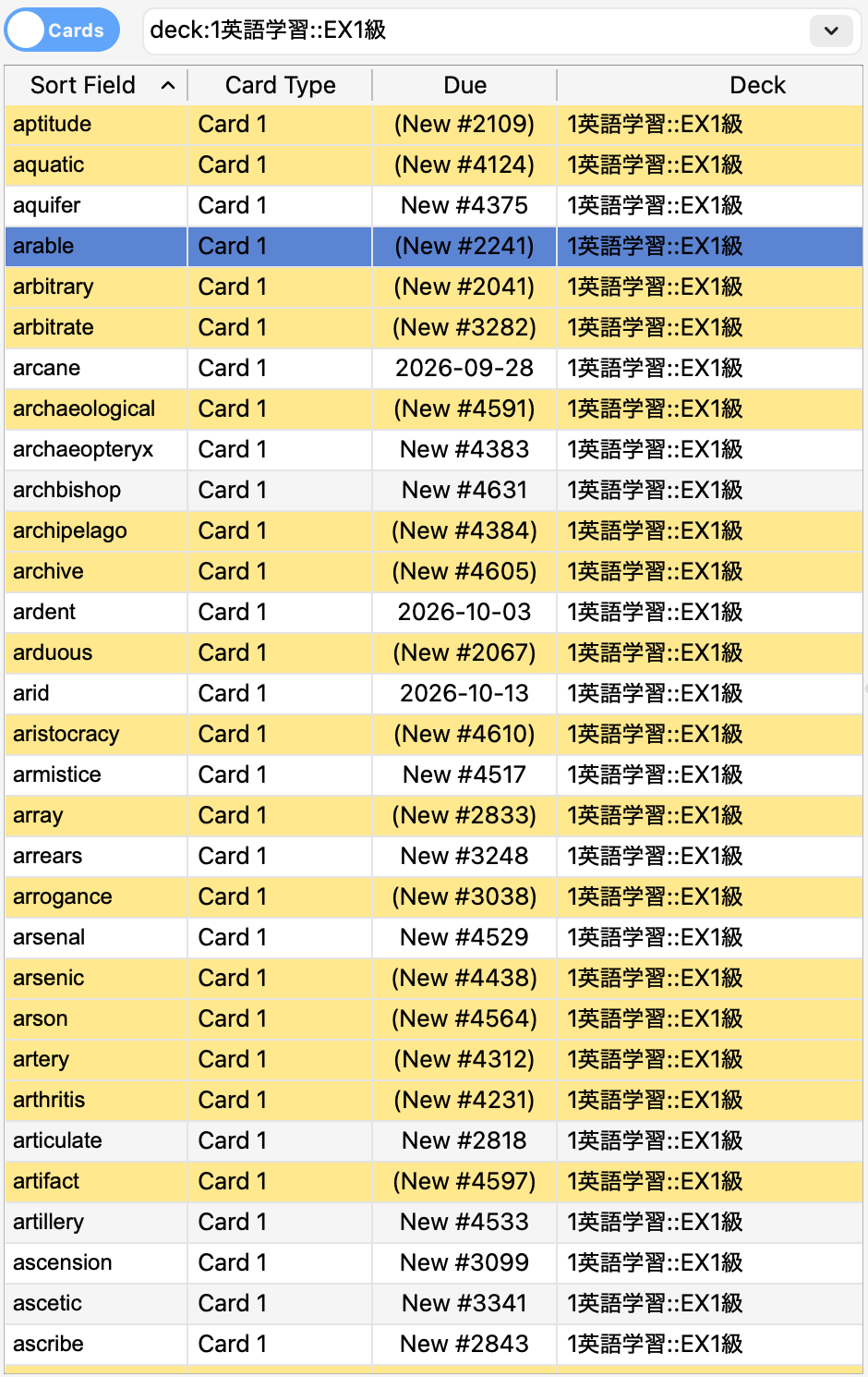 AnkiのブラウザでEX1級デッキを表示し、重複した単語を一時停止して黄色く表示した画面