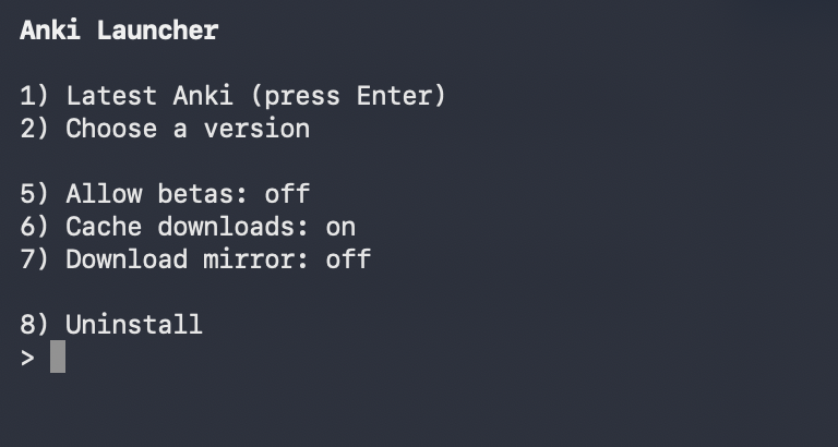 Keep existing versionの選択肢が消えたAnki Launcherのメニュー画面
