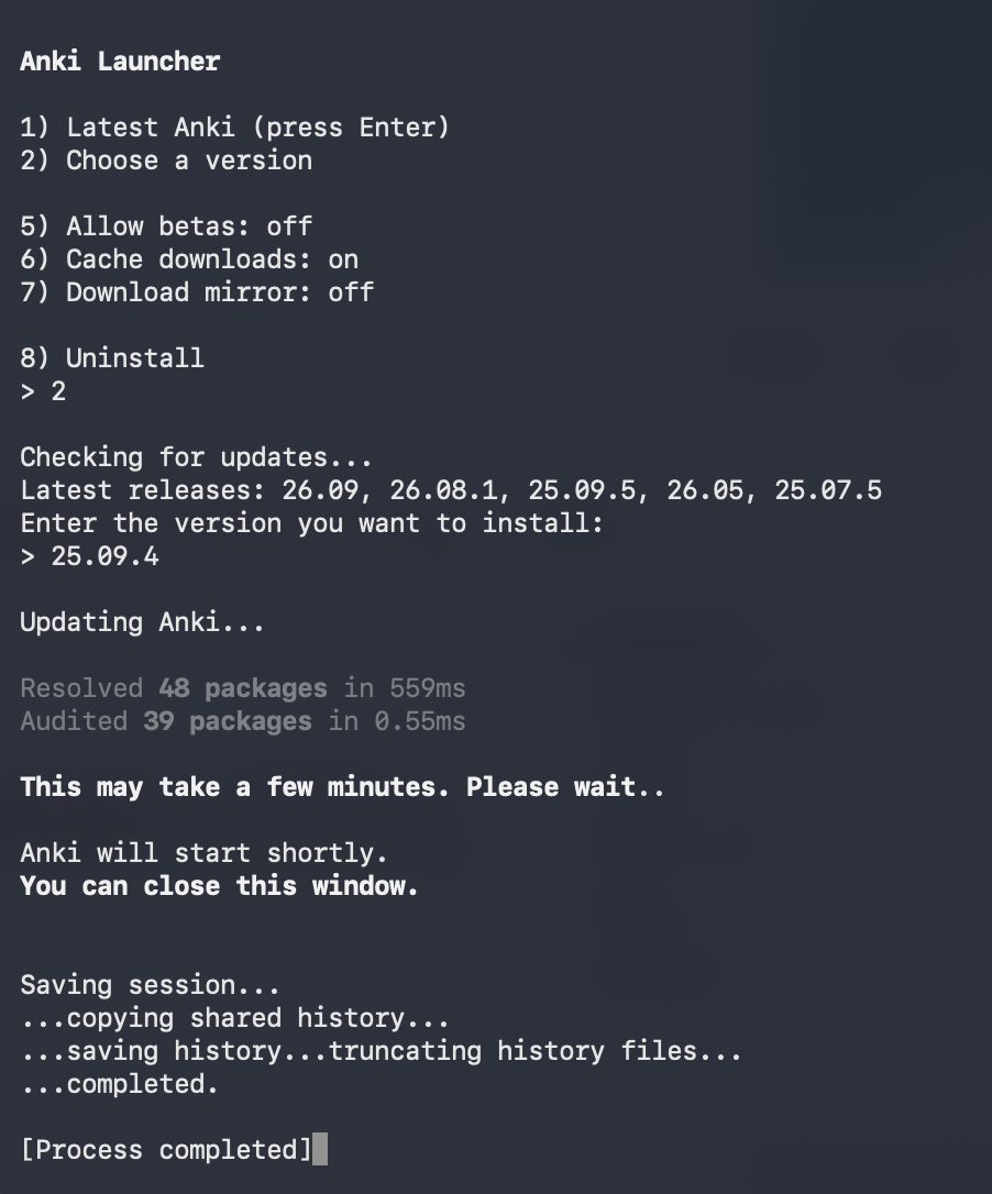 Choose a versionで25.09.4を指定してAnkiを入れ直したターミナル画面