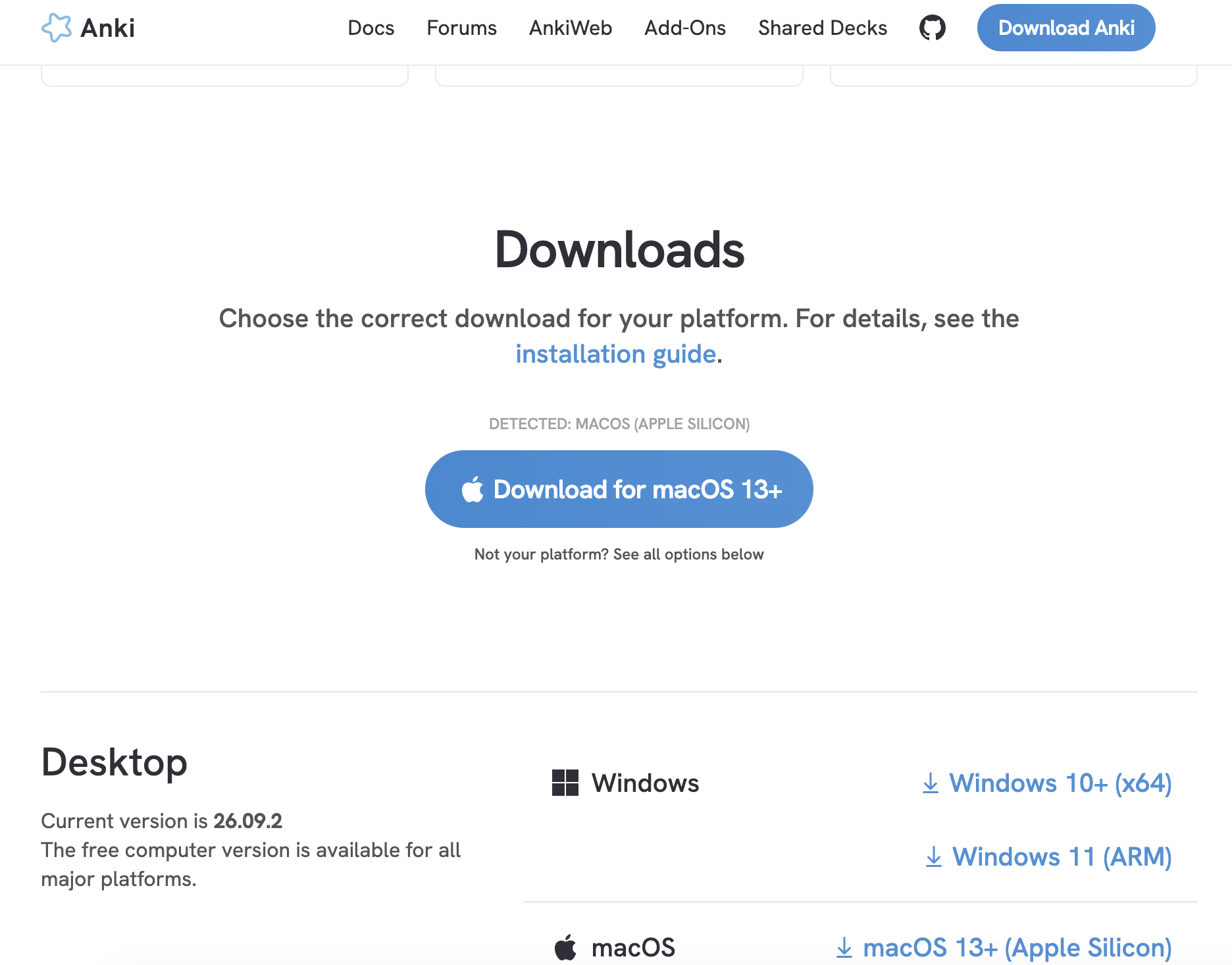 Anki公式サイトのダウンロードページ。Current version is 26.09.2の表示