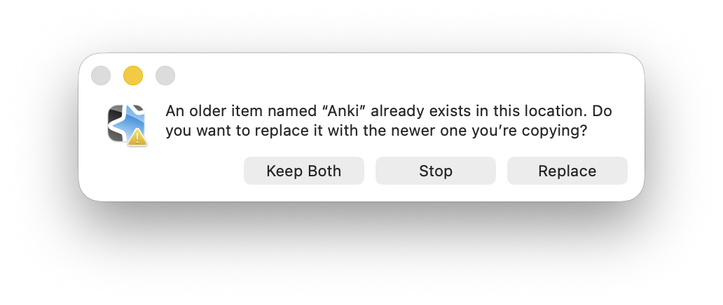 既存のAnkiを新しいバージョンに置き換えるか確認するmacOSのダイアログ