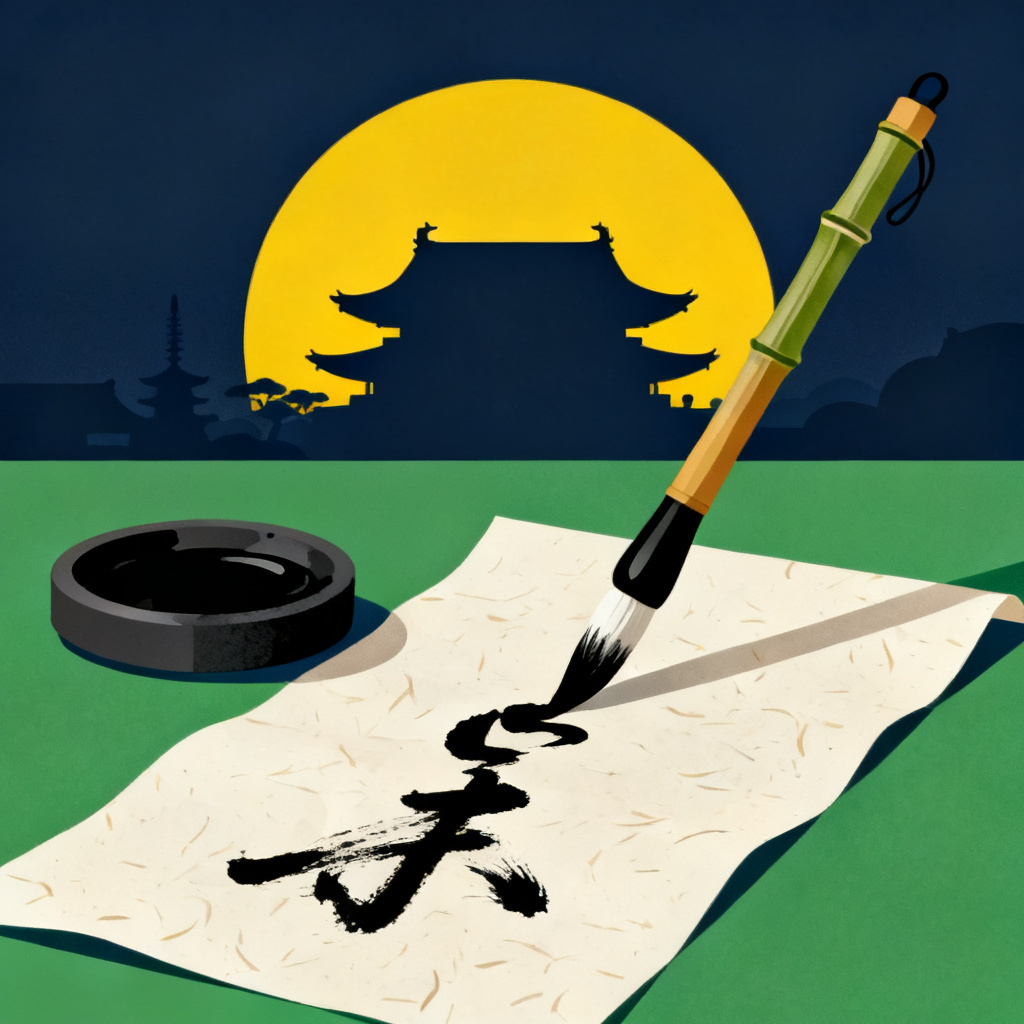書道の筆と和紙、京都の寺院シルエットのイラスト