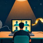 夜の自室でノートPCのビデオ通話に参加する人と、もつれた灰色の糸が金色の光に変わるイラスト