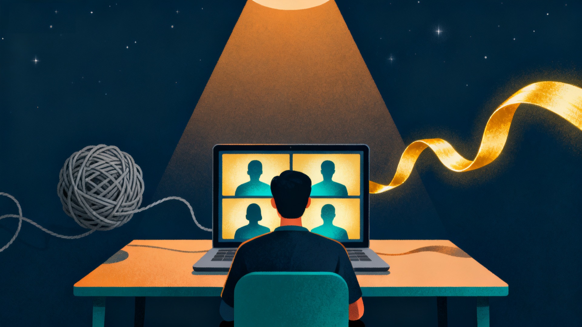 夜の自室でノートPCのビデオ通話に参加する人と、もつれた灰色の糸が金色の光に変わるイラスト