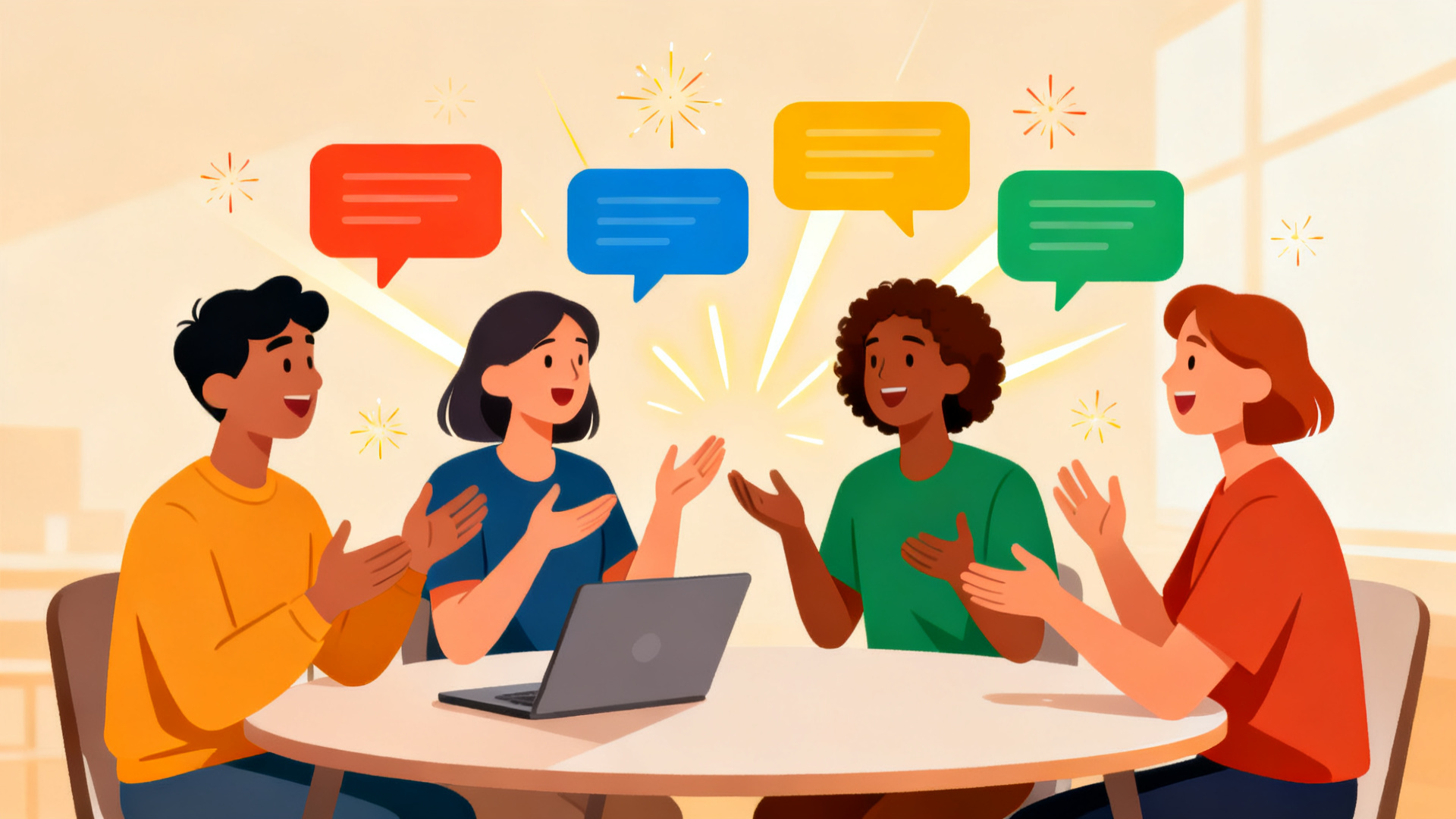 4人が身ぶりを交えて英語で話し合い、カラフルな吹き出しが浮かんでいるイラスト