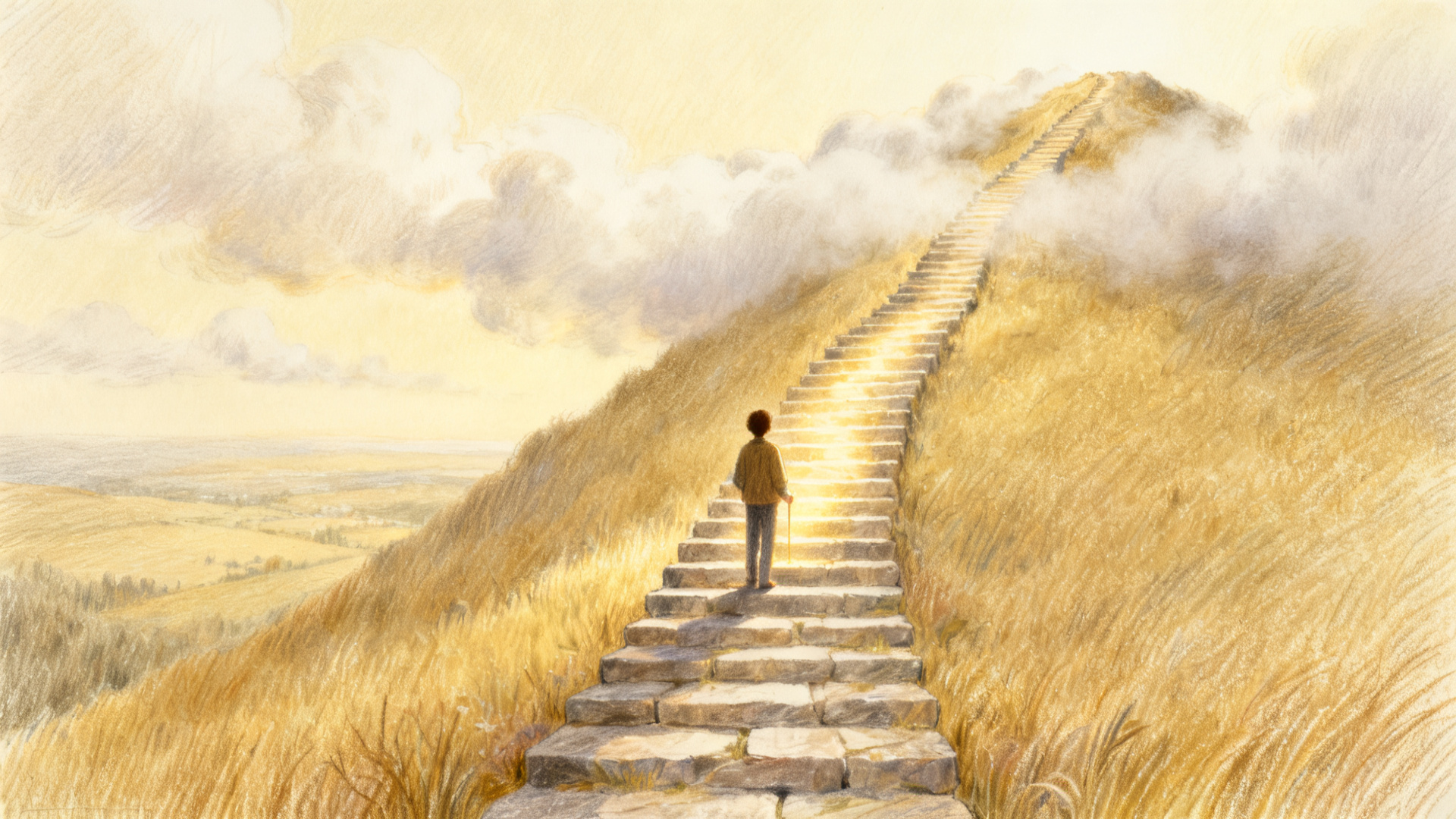 雲の中へ続く長い石段の途中で、登ってきた景色を振り返る人の色鉛筆調イラスト