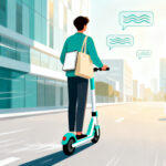 ノートを入れたトートバッグを肩にかけ、電動キックボードで朝の街を走る人のイラスト