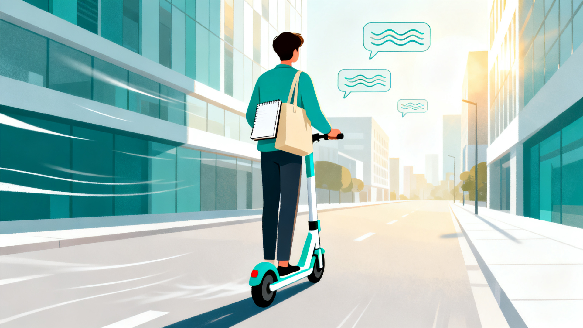 ノートを入れたトートバッグを肩にかけ、電動キックボードで朝の街を走る人のイラスト