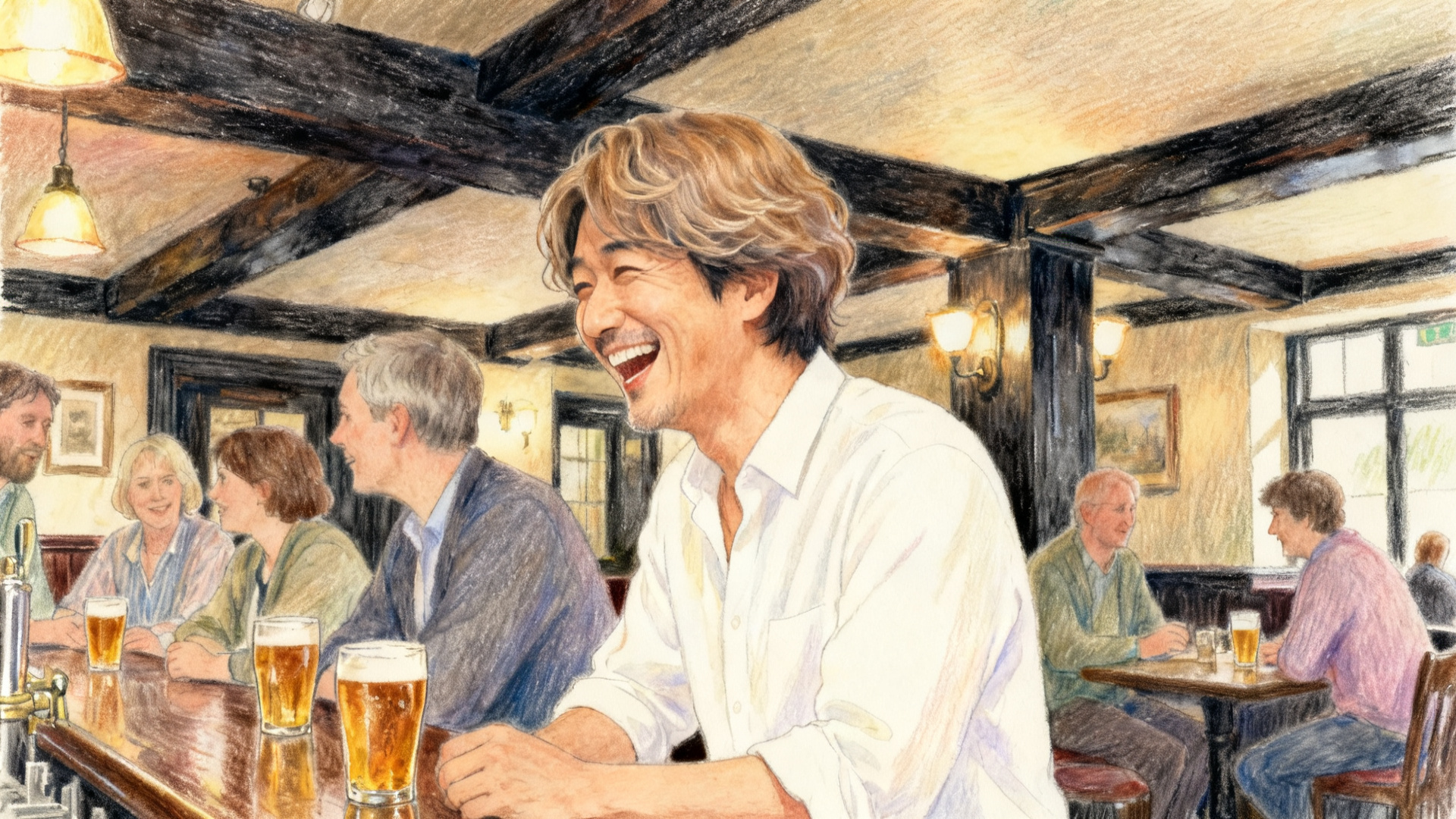 木の梁のある伝統的なイギリスのパブで、白いシャツの男性が地元の人と笑って話しているイラスト