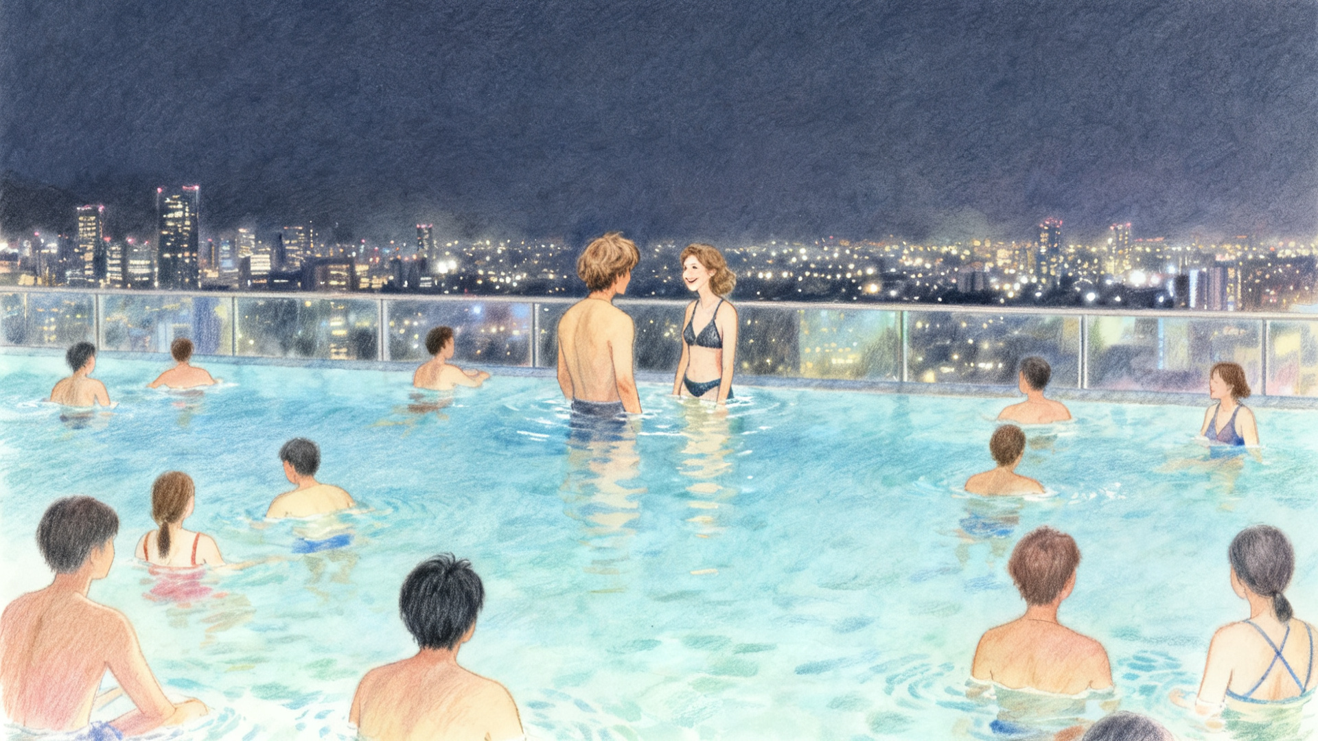 夜景の見える屋上のインフィニティプールの奥の柵ぎわで、外国の旅行者に話しかけられる男性の後ろ姿のイラスト