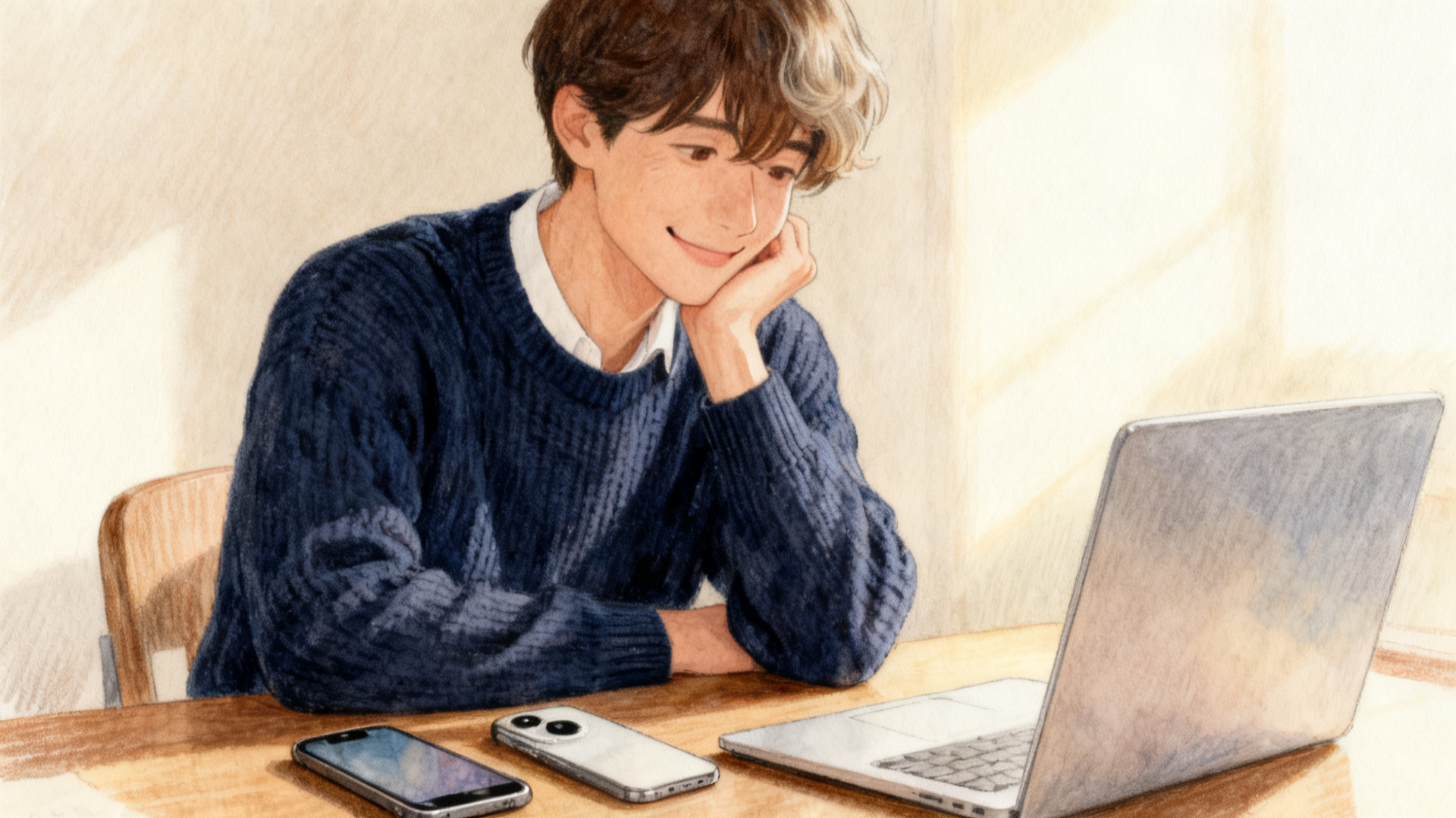 閉じたノートパソコンと2台のスマホを前に、ほおづえをついて考えるスーツマンのイラスト