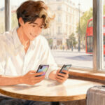 窓ぎわのカフェで、左右の手に1台ずつスマホを持って見比べるスーツマン。足元に小さなスーツケース、窓の外に赤い2階建てバスのイラスト