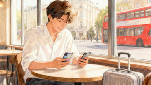 窓ぎわのカフェで、左右の手に1台ずつスマホを持って見比べるスーツマン。足元に小さなスーツケース、窓の外に赤い2階建てバスのイラスト