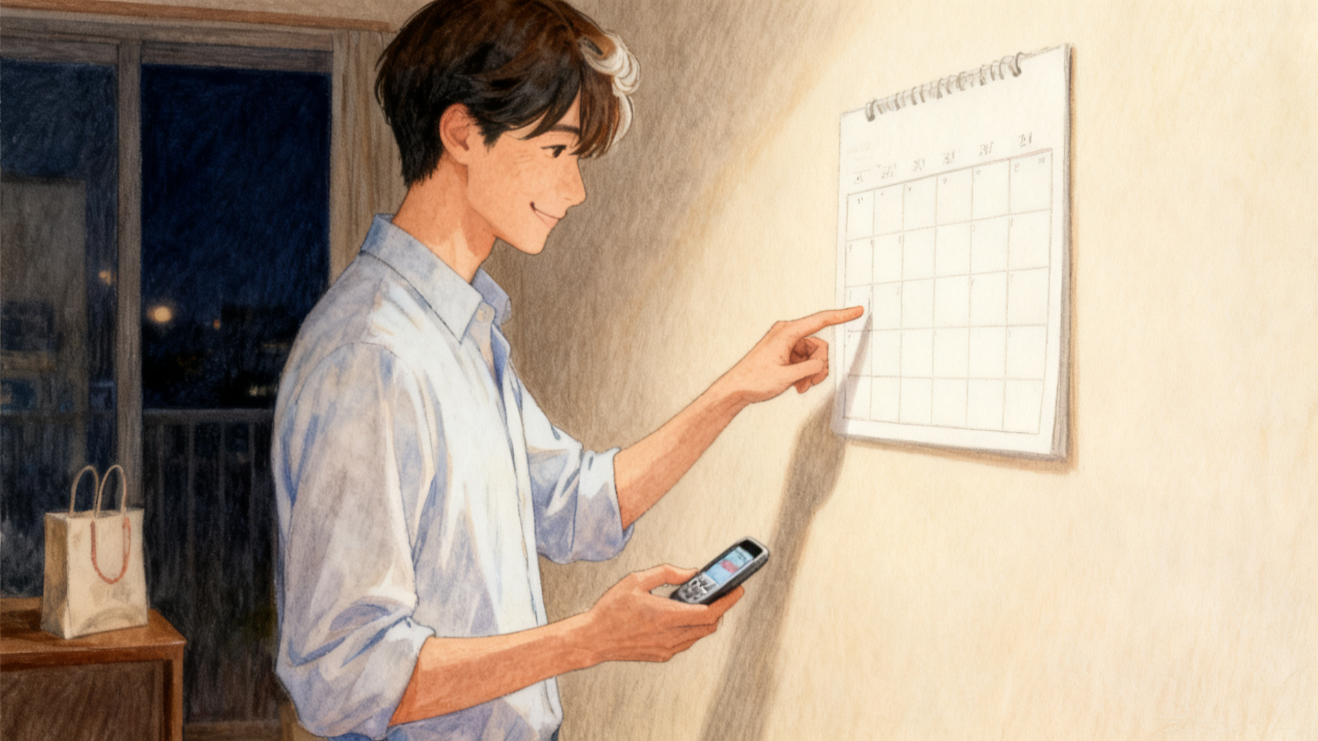壁のカレンダーの月末あたりを指さしながら、古いスマホを手に買いどきを待つスーツマンのイラスト
