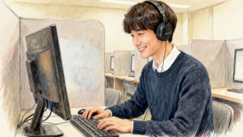 ヘッドホンをして、パソコンで英語の文章を打っているスーツマンのイラスト（英検S-CBTの会場のイメージ）