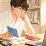 いろいろな英語資格試験の問題冊子やスコアの紙を見比べているスーツマンのイラスト