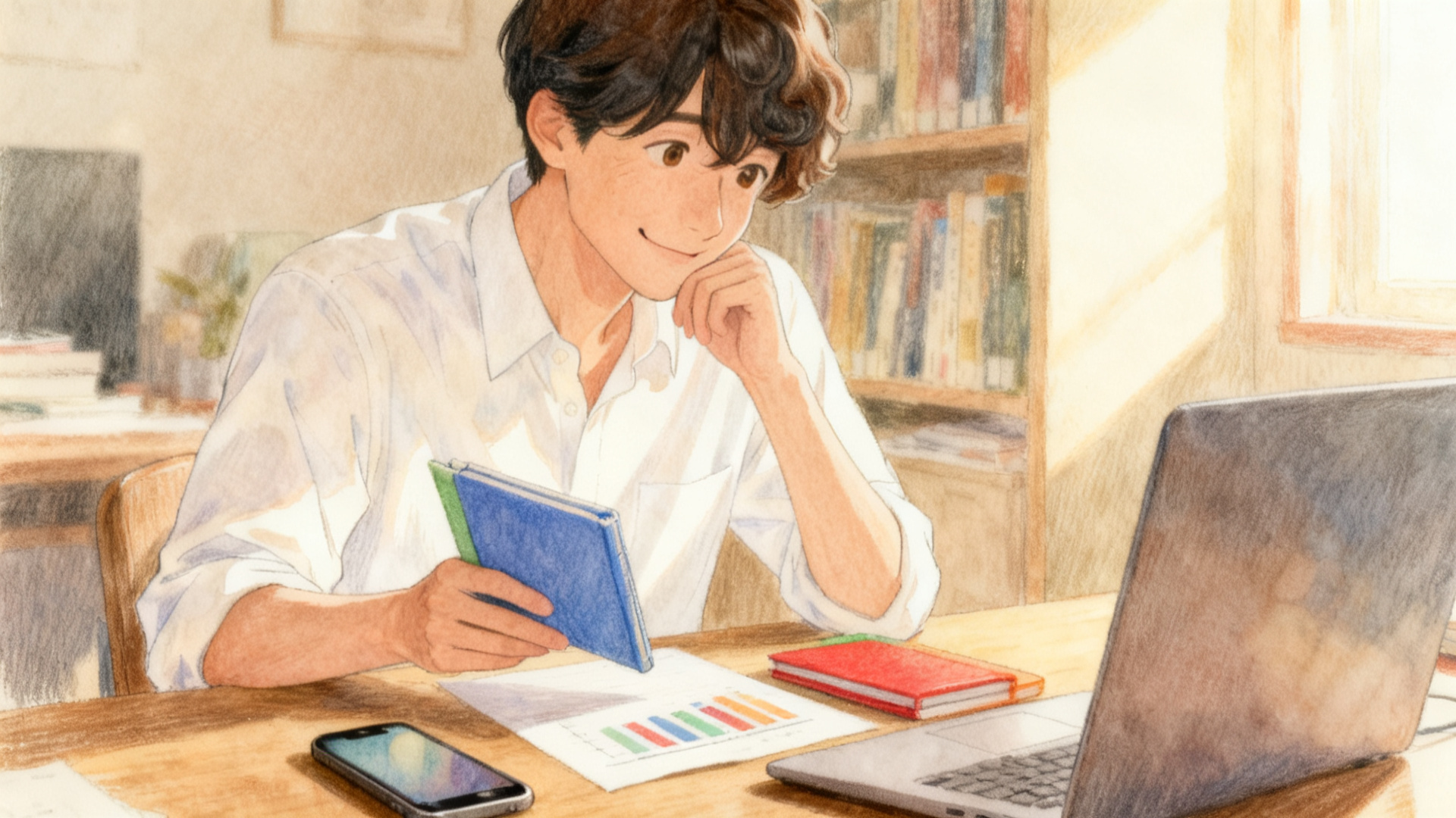 いろいろな英語資格試験の問題冊子やスコアの紙を見比べているスーツマンのイラスト