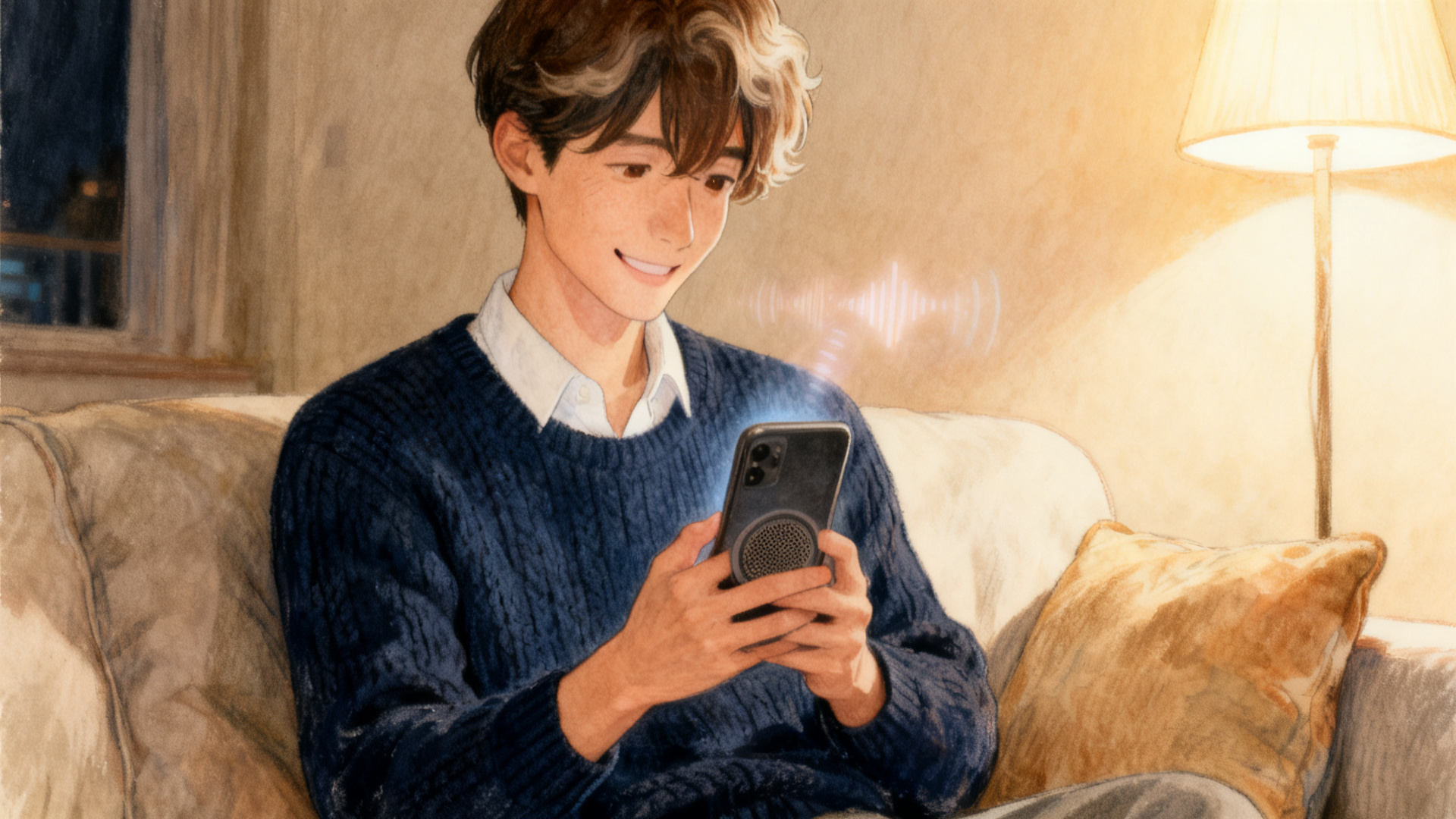 夜のソファで、スマホのAIと笑顔で話すスーツマンのイラスト