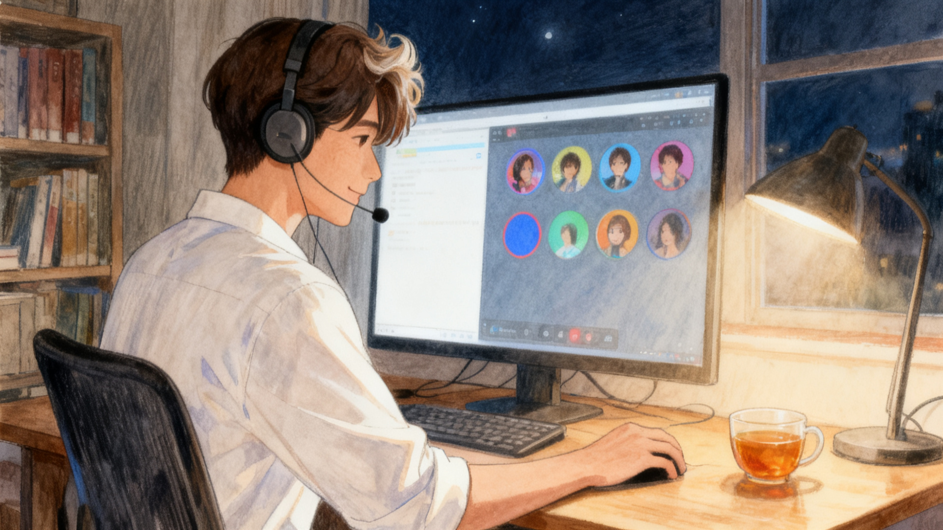 夜の机でヘッドセットをつけて、画面に並んだ海外の人たちのアイコンと話すスーツマンのイラスト