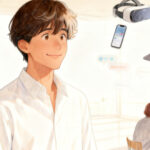 ビデオ通話・VRゴーグル・スマホのチャット・カフェでのおしゃべりに囲まれて、笑顔で話すスーツマンのイラスト