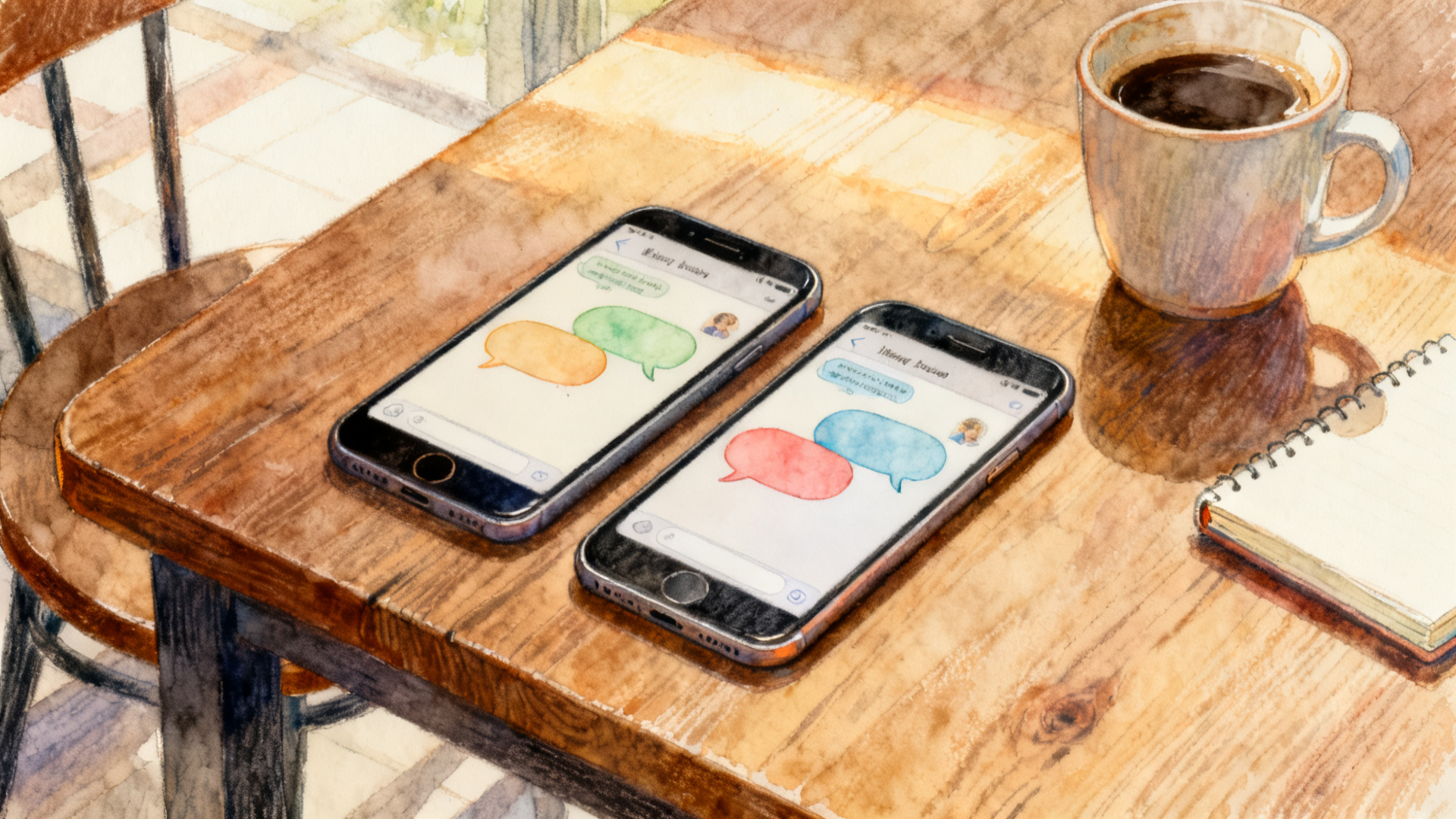 カフェのテーブルに並んだ2台のスマホで、言語交換アプリのやりとりをしているイラスト