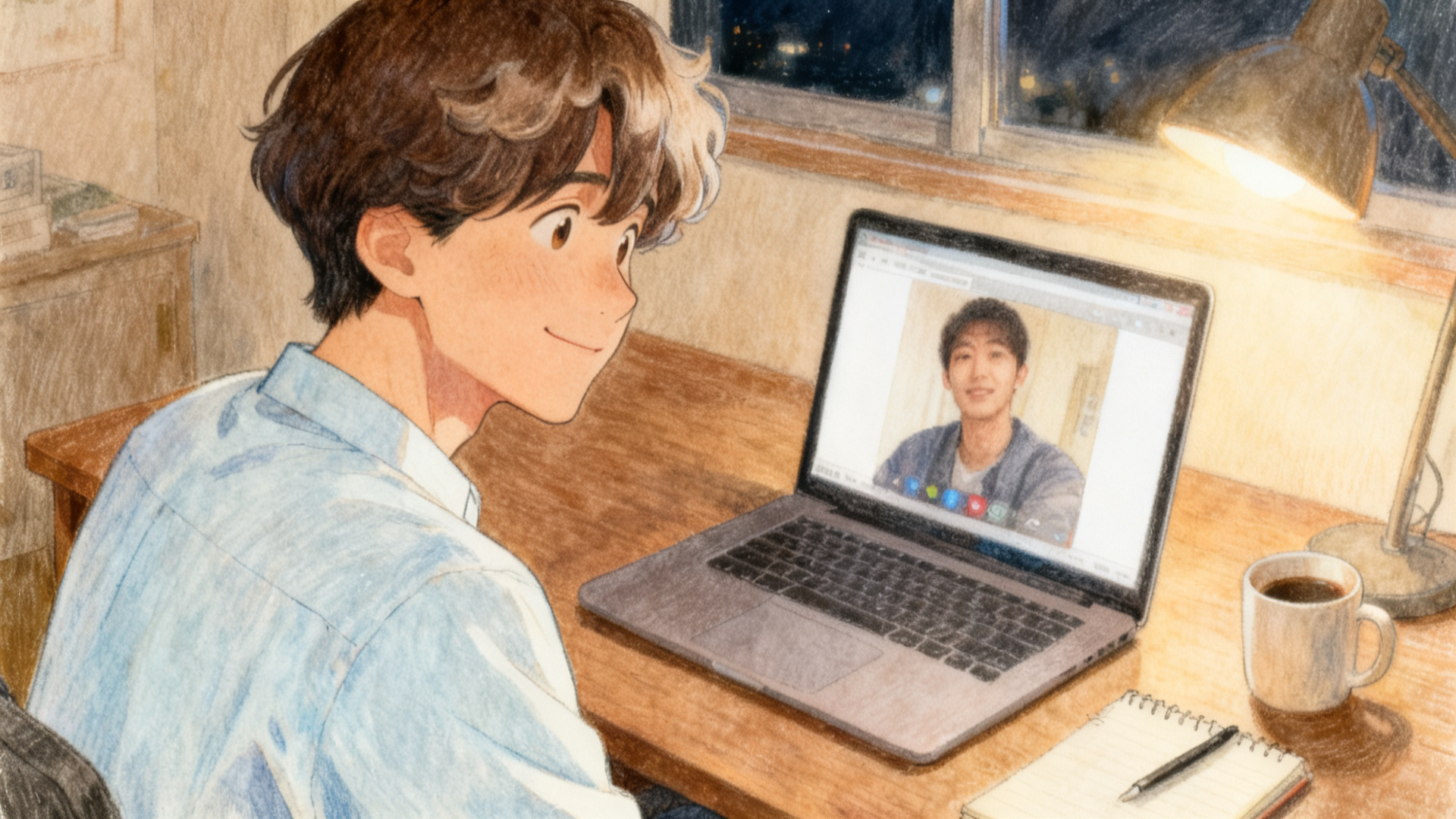 土曜の夜、パソコンのビデオ通話で友達と笑いながら話すスーツマンのイラスト