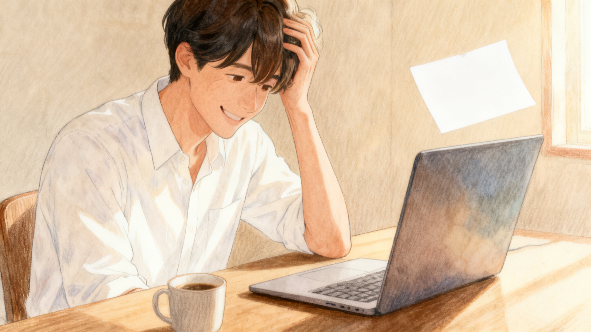 ノートパソコンの前で、ふわっと浮かぶ真っ白な紙を見て苦笑いするスーツマンのイラスト