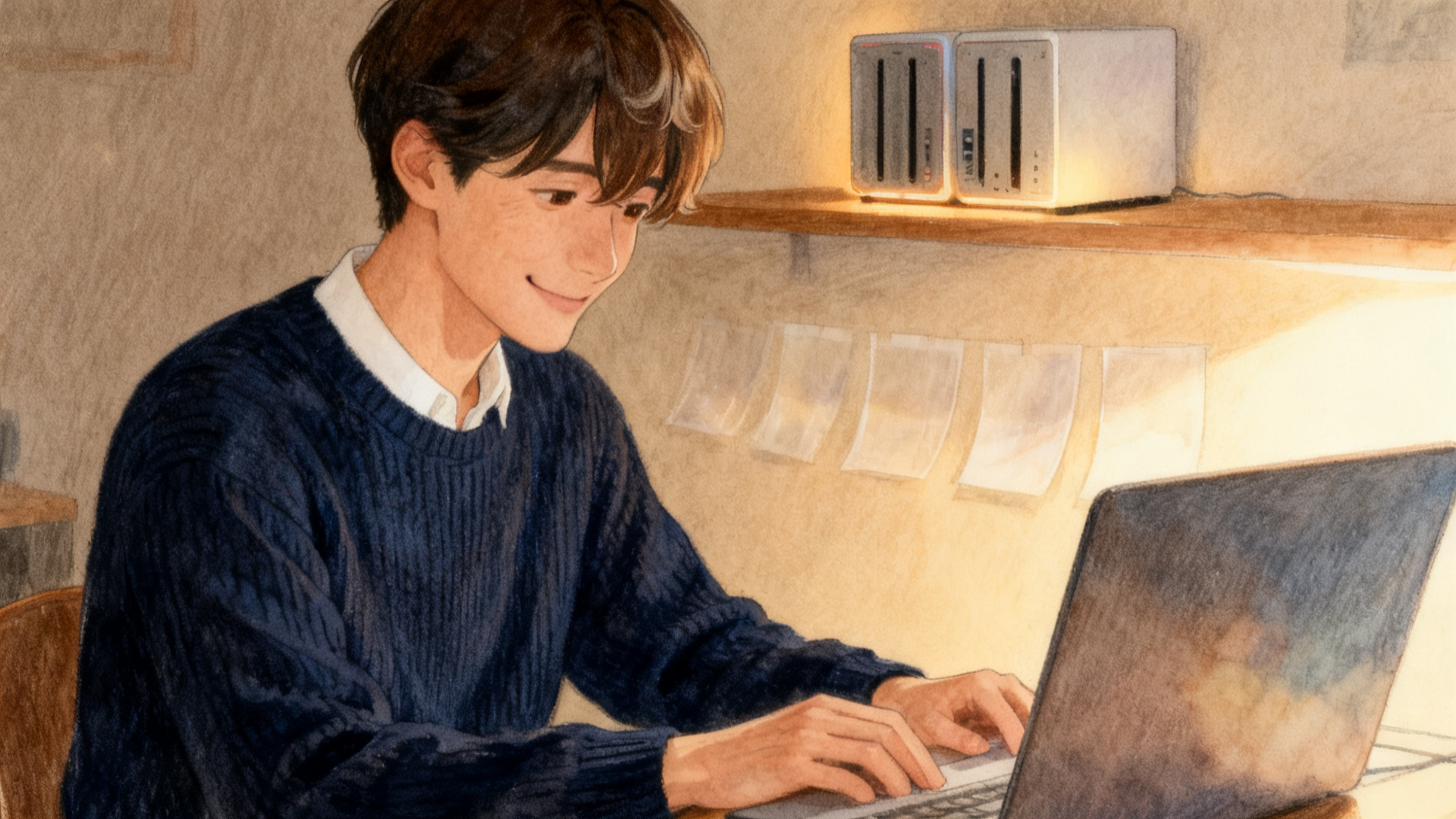 棚の上のNASと、何世代も並んだ以前の版の前で、ほっとした顔でパソコンに向かうスーツマンのイラスト