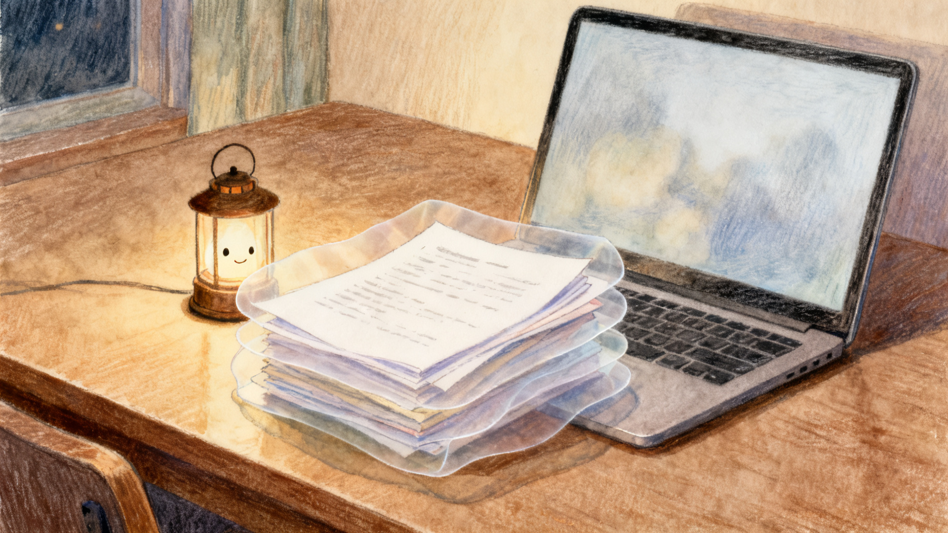 3重の透明な守りに囲まれた書類の束と、そばで見張る小さなランタンのイラスト