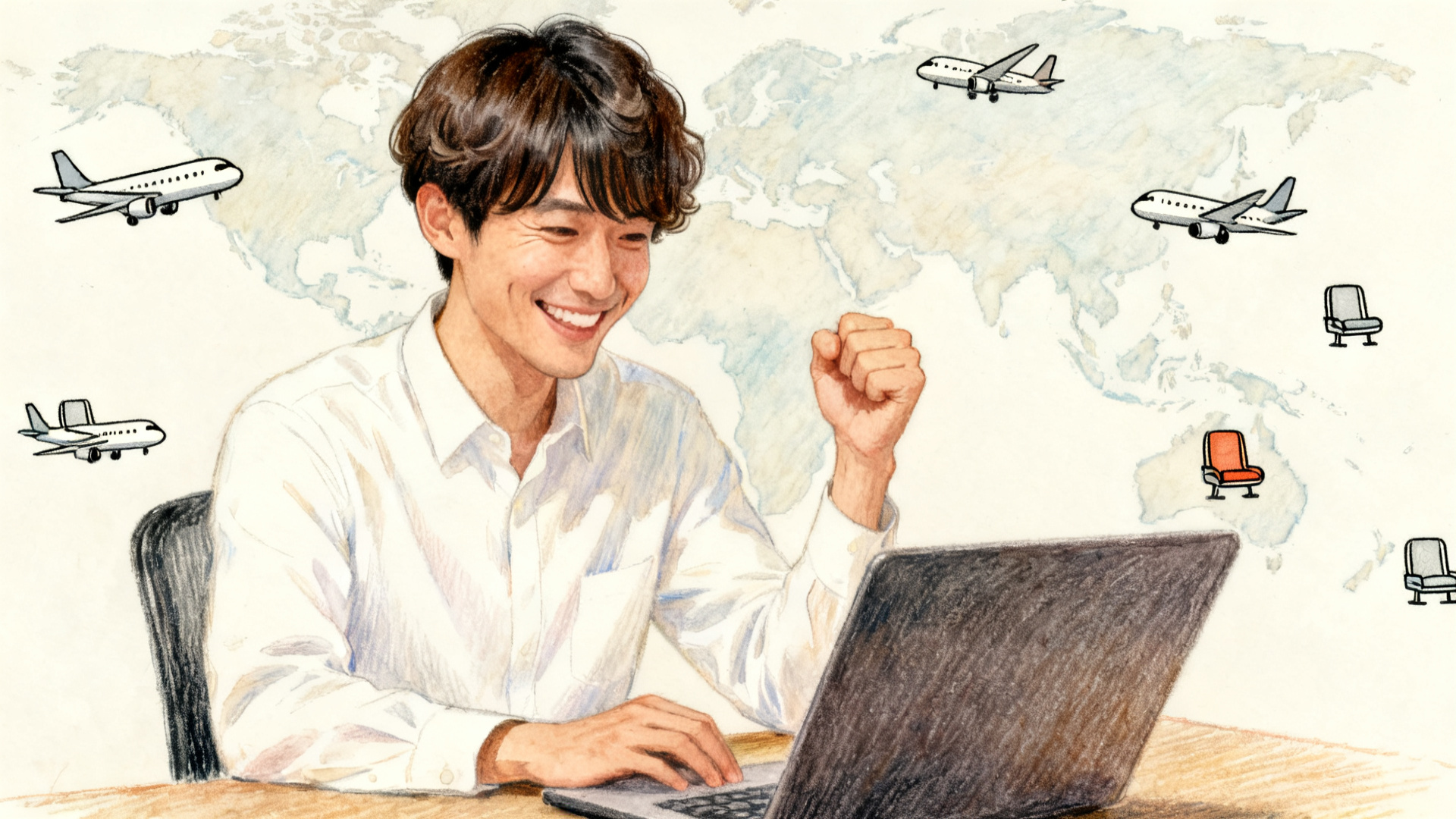 Illustration of Suitman making a small victory pose in front of his laptop after finding a partner airline award ticket