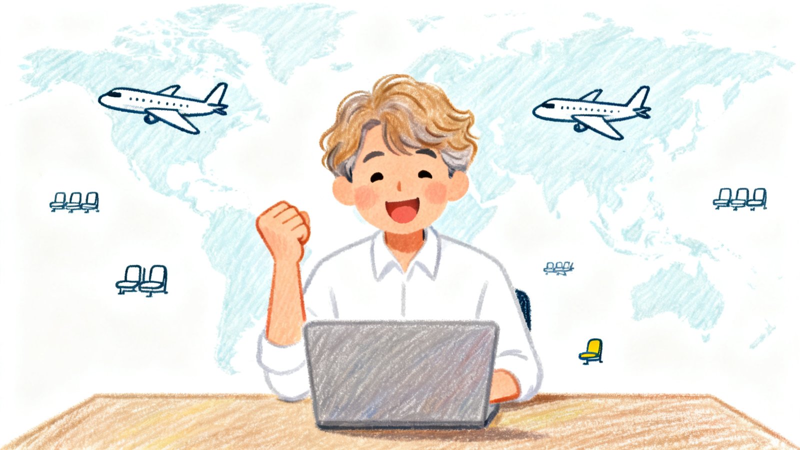 提携航空会社の特典航空券が見つかって、ノートパソコンの前でガッツポーズするスーツマンのイラスト