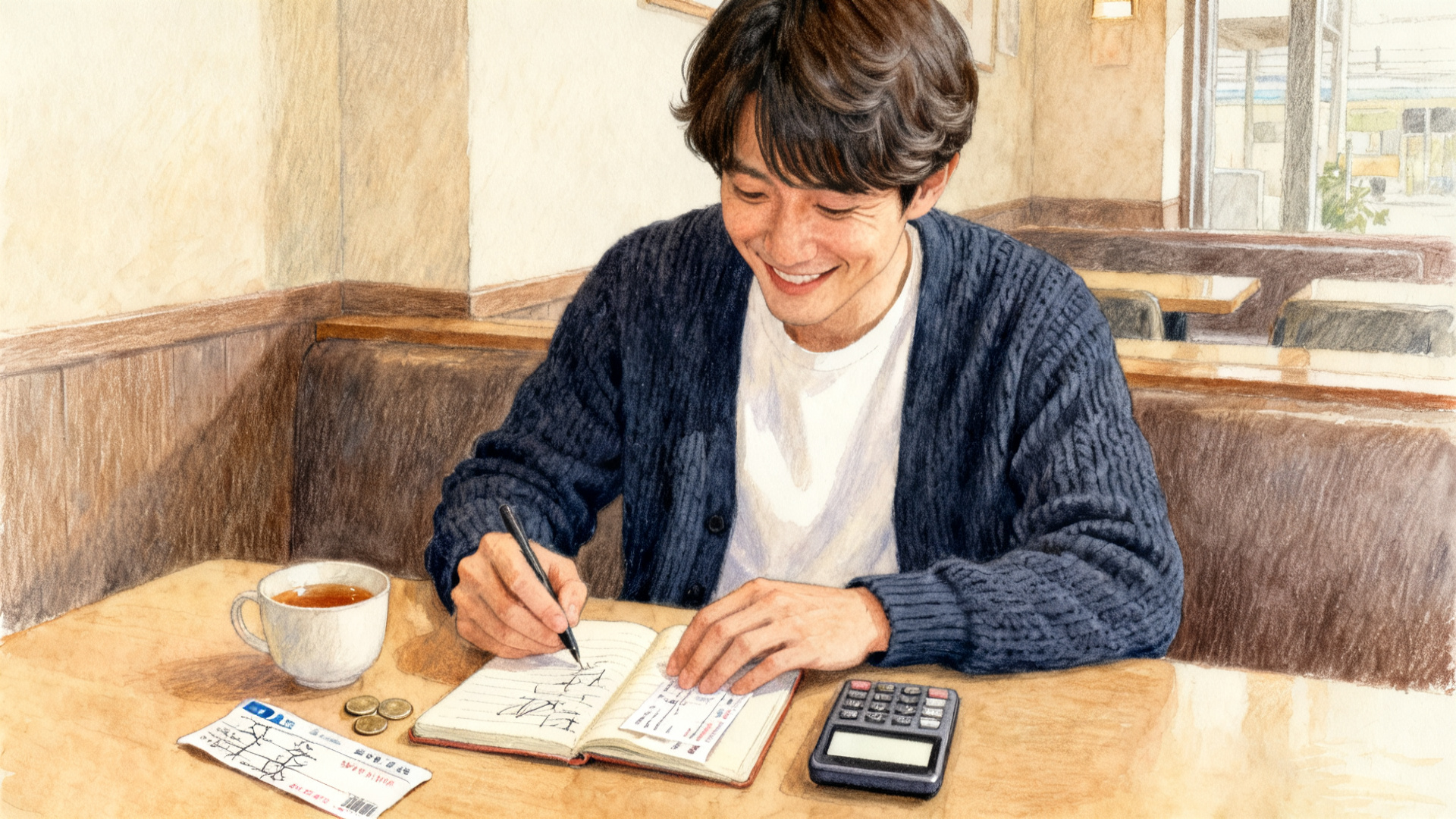 カフェで紅茶を横に、ノートと電卓で旅の費用を足し算するスーツマンのイラスト