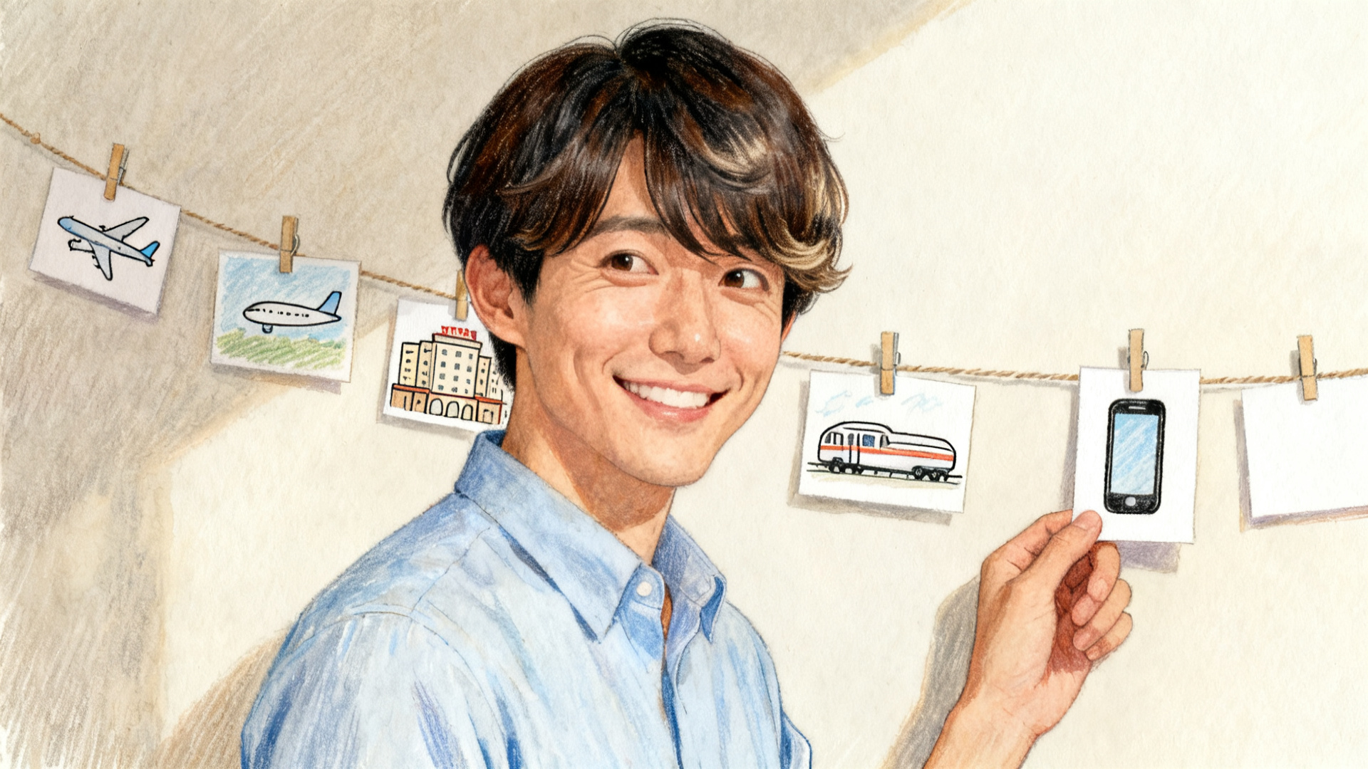壁にひもで並べた飛行機・宿・電車・スマホの絵のカードに、新しいカードを留めるスーツマンのイラスト