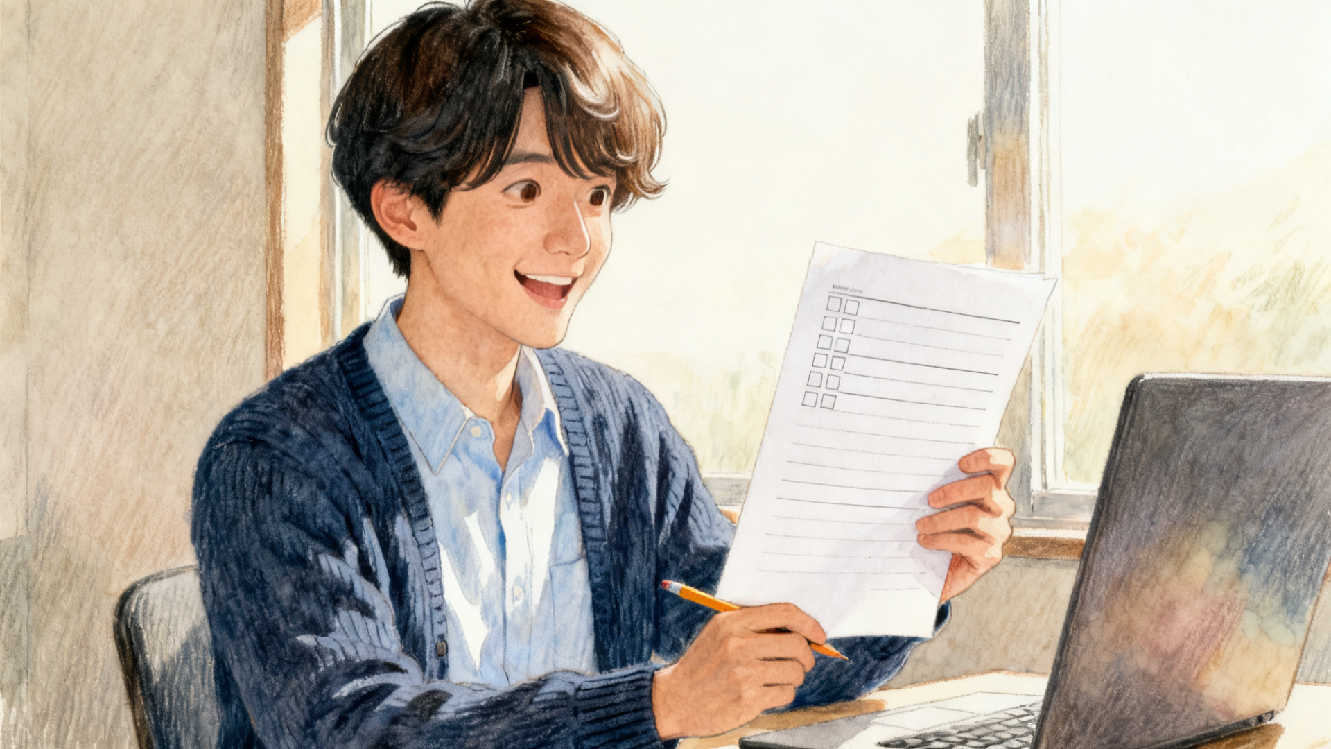 窓辺の机で、印刷した問題の紙を手に「こんなこともできるんだ」と驚くスーツマンのイラスト